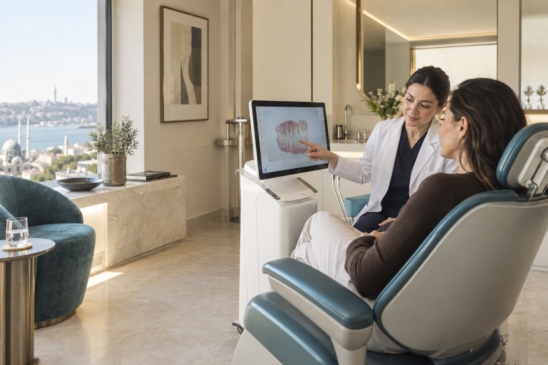 Woman reviewing a digital smile plan with a female dental professional in a refined consultation suite