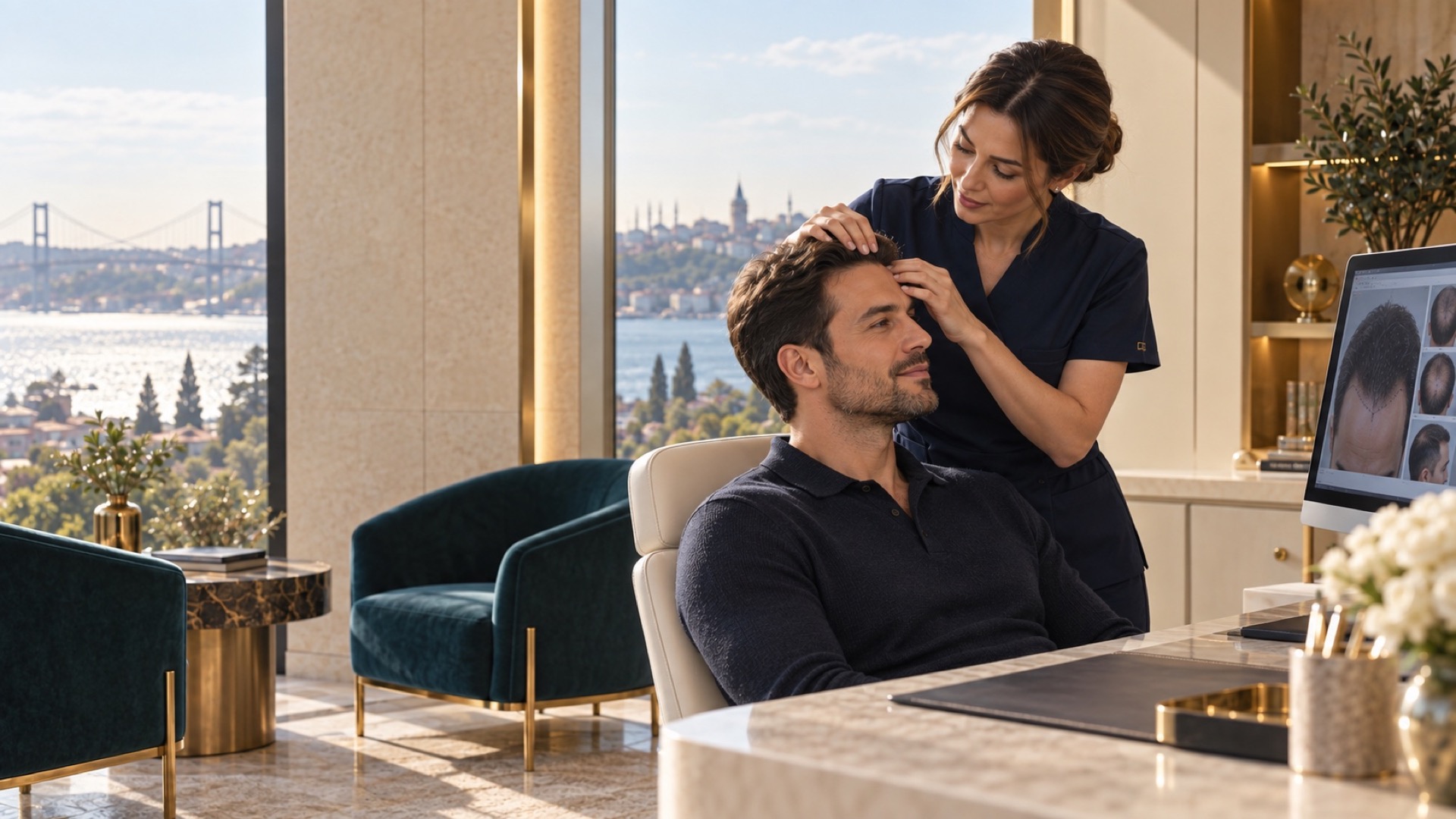 Female hair-restoration specialist examining an adult male patient in a refined Istanbul clinic